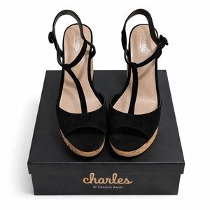 NIB Charles David Black Microsuede Cork Wedge Sandals Size 10